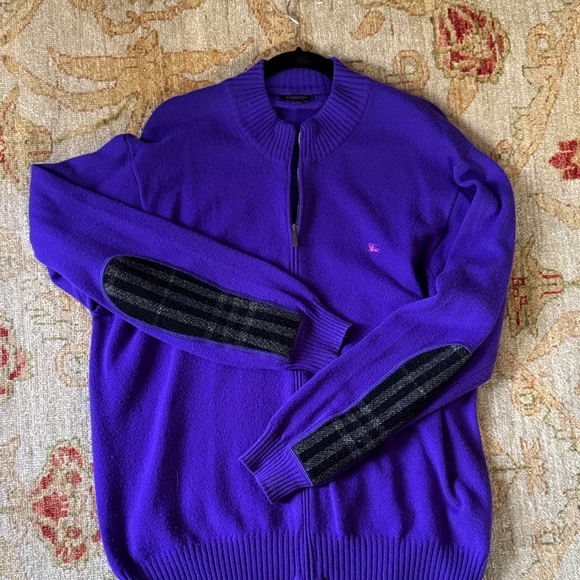 Burberry Men's Zip-Up 100% LambswoolSweater in Purple and accent black